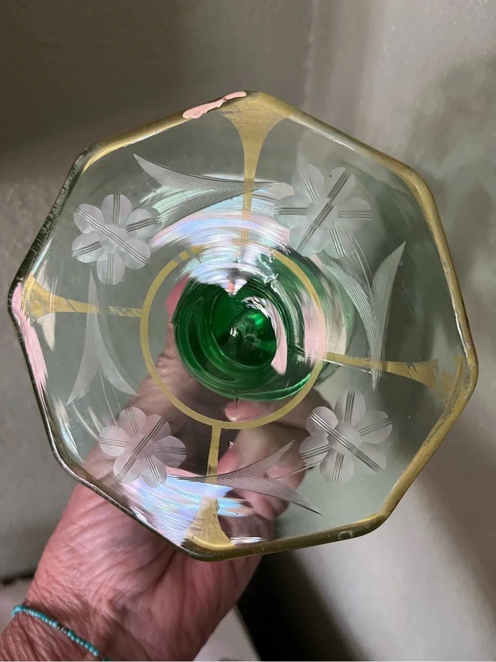 Antique 1930s Uranium Glass Etched Floral Gold Candlesticks Pair
